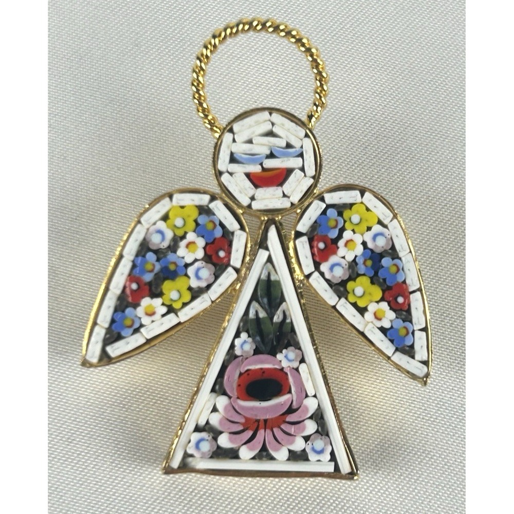 Vintage Micro Mosaic Angel Pin With Halo Floral Pattern Gold Tone Made In Italy